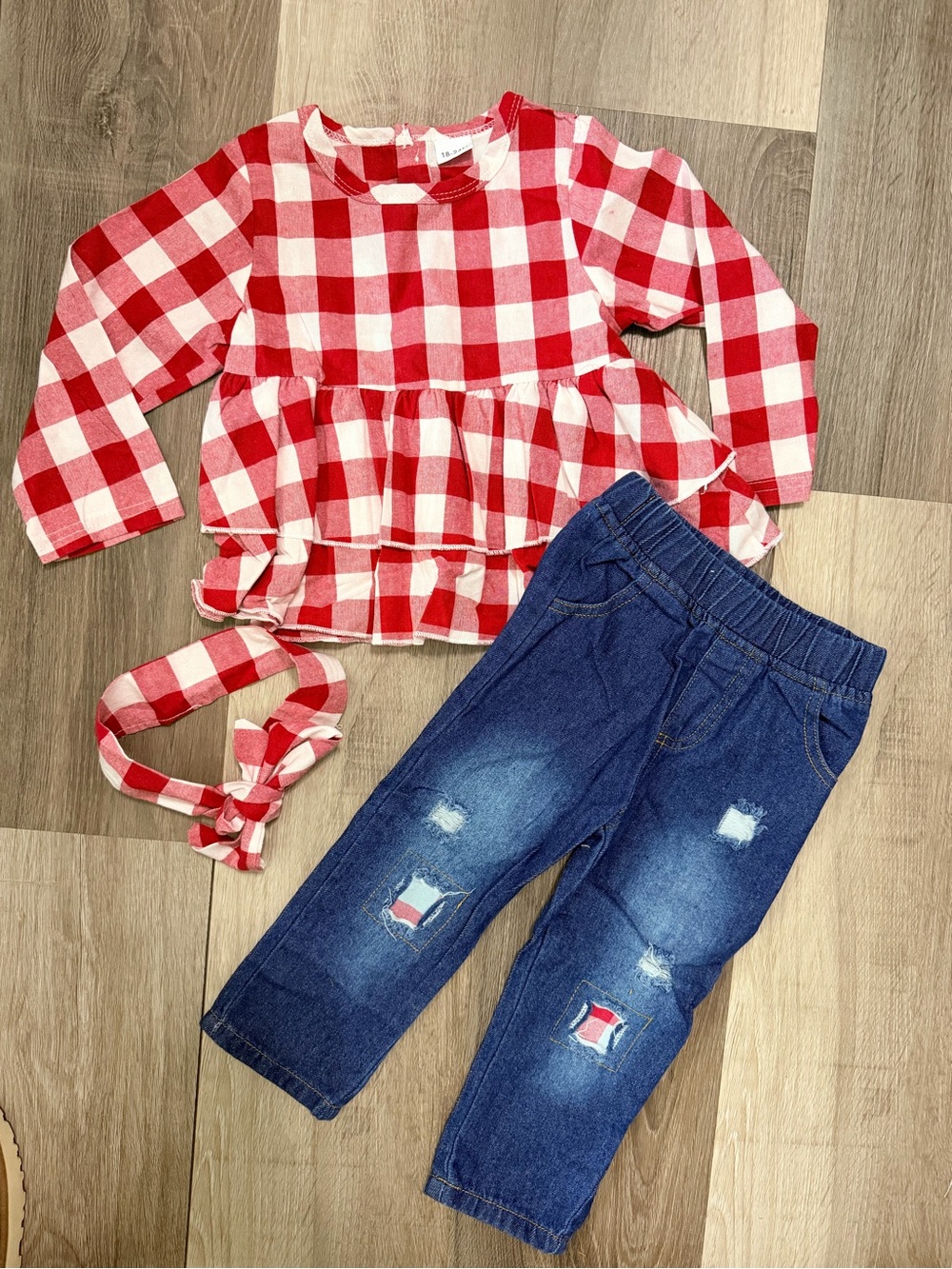 18-24 Month Red and White Plaid Ruffle Top with Blue Denim Jeggings Set & Bow